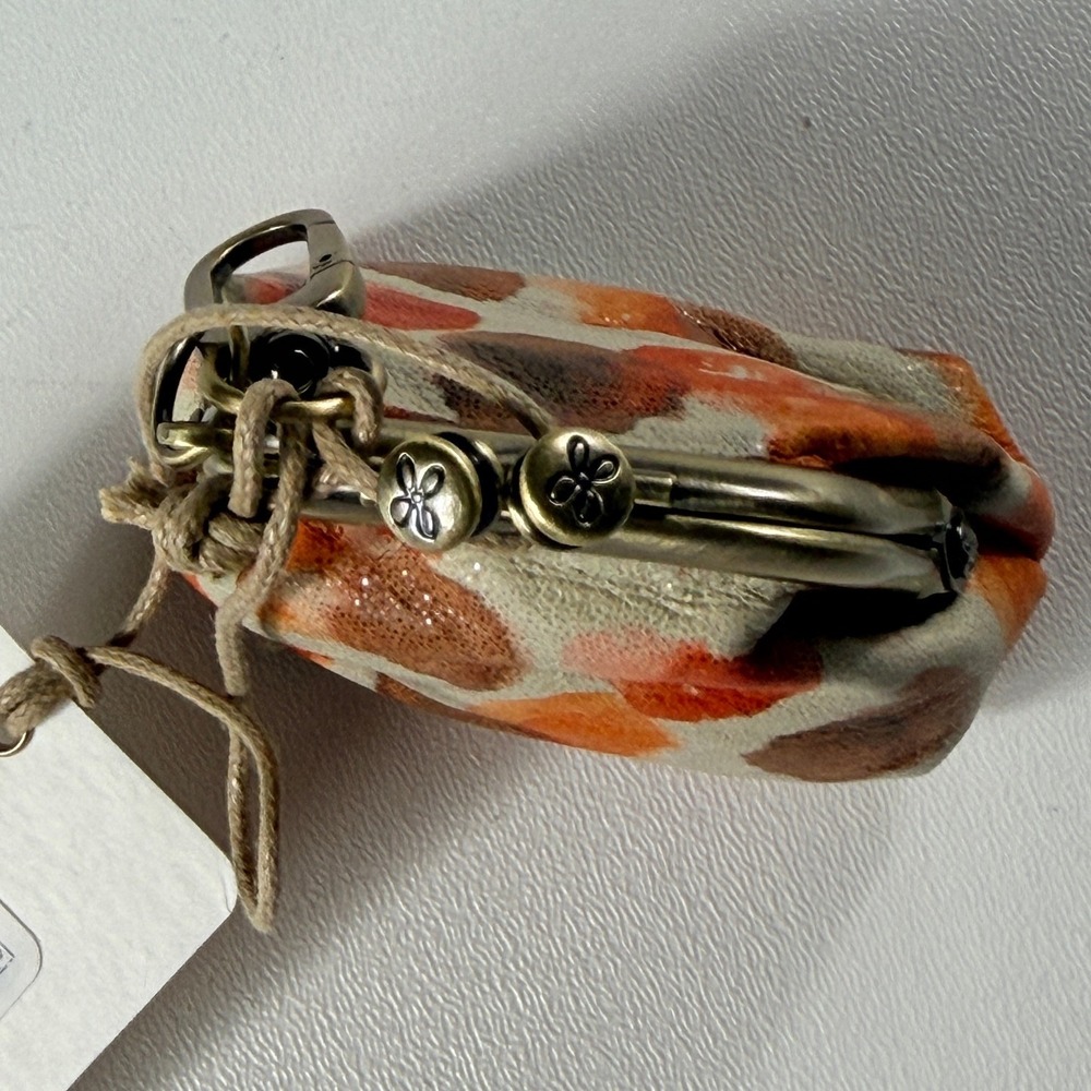 Hobo Leather Kiss Lock Coin Purse Orange Cream Polka Dot Keychain Pouch - Picture 3 of 8